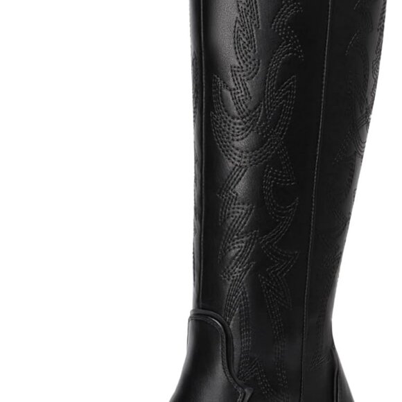 Women's Comfortable Black Suede Wide Calf Cowboy Boots with Zipper and Chunky He - Picture 1 of 8